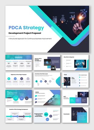 The PDCA Strategy Development slides show plan do check act charts, process diagrams, icons, and teal blue layout shapes.