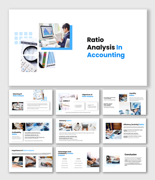 The Ratio Analysis in Accounting slides show financial charts, calculators, tables, icons, and blue clean layout designs.