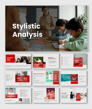 The Stylistic Analysis slides show classroom visuals, text examples, icons, and red white modern layout designs.