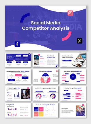 The Social Media Competitor Analysis slides show platform charts, engagement graphs, icons, and modern purple layouts.