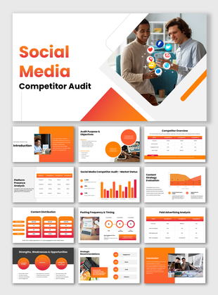 The Social Media Competitor Audit slides show audit charts, platform data, graphs, icons, and orange modern layouts.