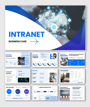 Intranet business case outlining benefits, costs, ROI, and implementation for improved collaboration.
