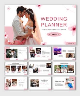 Wedding planner PPT template showcasing services, planning process, packages, and event management details.