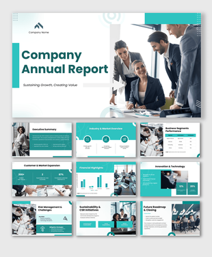 Modern company annual report PPT highlighting growth, financial performance, market trends, strategy, innovation.