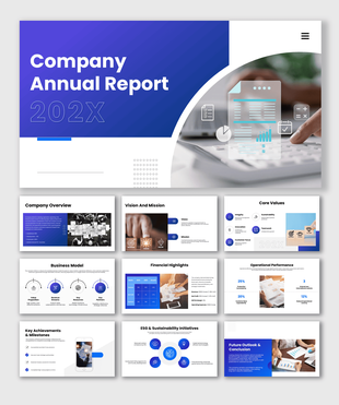 Professional company annual report PPT presenting overview, financial highlights, performance metrics, ESG initiatives.
