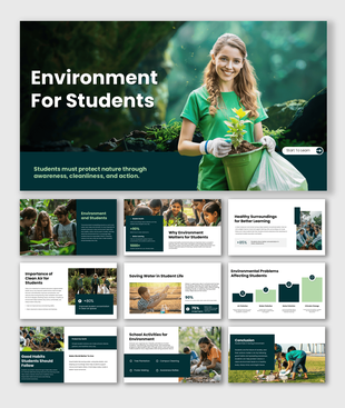 Environment presentation for students with eco-friendly slides on clean habits, water saving, and action