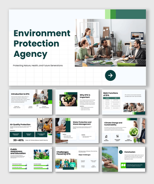 Environment protection agency presentation on pollution control, sustainability, public awareness, and climate action.