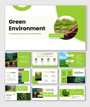 Green environment ppt theme on sustainability, climate change, pollution, renewable energy, and eco-friendly habits.