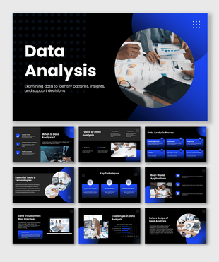 Data analysis PowerPoint template highlighting processes, techniques, tools, visualization, and business insights