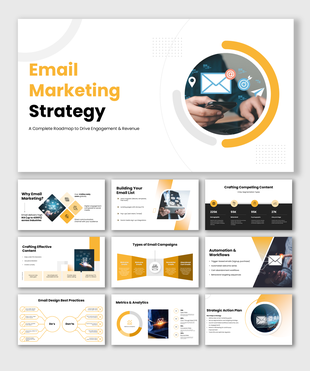 Email marketing strategy template with campaigns, automation, analytics, engagement, and growth insights plans.