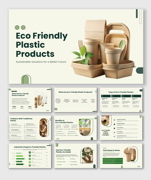 Eco-friendly plastic products presentation highlighting sustainable materials, biodegradable packaging, recycling, and green.