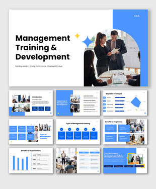 Management training and development presentation covering leadership, skills, productivity, and growth strategies.