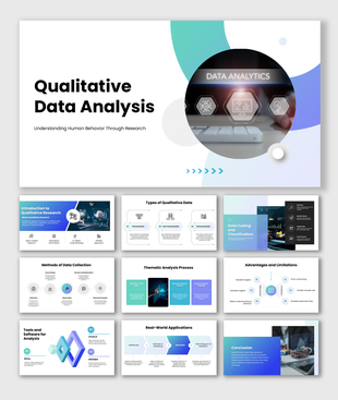 Qualitative data analysis presentation covering research methods, coding, thematic analysis, tools, and insights.