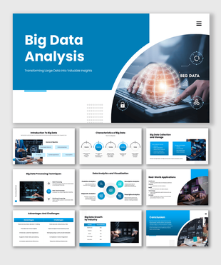 Big data analysis presentation featuring analytics, visualization, data processing, and business intelligence insights.
