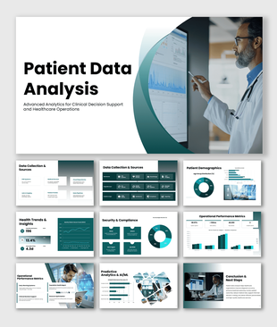 Patient data analysis presentation focused on healthcare analytics, clinical insights, security, and performance metrics.