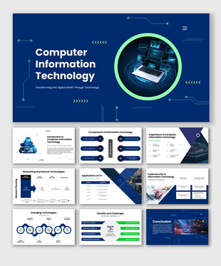 Computer information technology presentation covering networking, cybersecurity, cloud computing, and digital innovation.