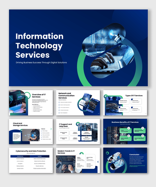 Information technology services presentation highlighting cloud computing, cybersecurity, IT support, and digital solutions.