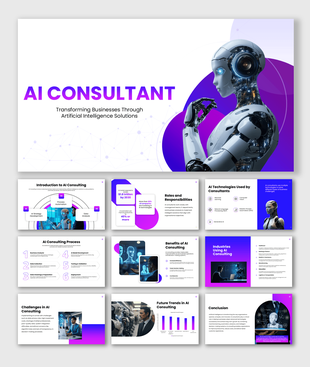 AI consultant presentation covering automation, machine learning, and digital business solutions.