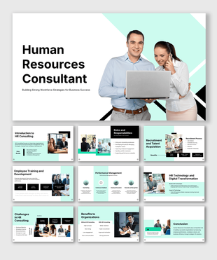 Human resources consultant presentation focused on recruitment, employee training, HR strategies, and workforce development.