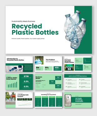Recycled plastic bottles presentation focused on sustainability, eco-friendly packaging, and green business growth.