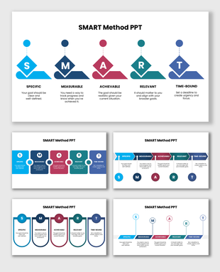 SMART Method PPT template designed to explain specific, measurable, achievable, relevant, and time-bound goals clearly.