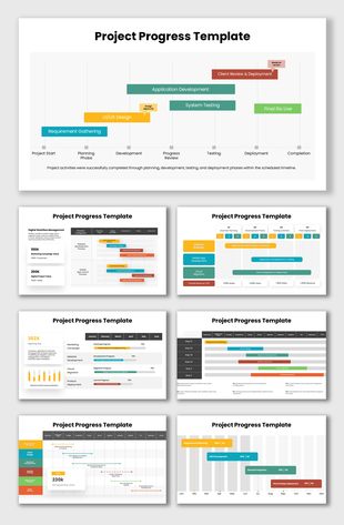 Project progress template with timeline charts to track milestones, tasks, development stages, and completion status.