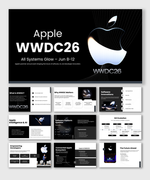 Apple WWDC 2026 PowerPoint template showcasing keynote announcements and AI innovations.