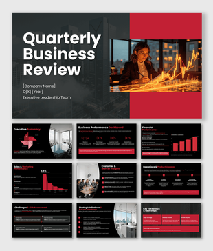 Quarterly Business Review PPT template featuring performance metrics, financial analysis, sales insights, risks, and growth.