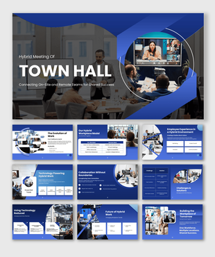 Hybrid Town Hall Meeting presentation template for engaging remote and on-site teams with collaboration.