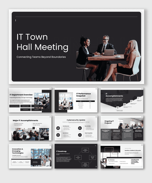 IT Town Hall Meeting presentation template showcasing department updates, performance metrics, projects, and strategy.