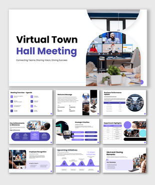 Virtual Town Hall Meeting presentation template for team updates, engagement, collaboration, and business communication.