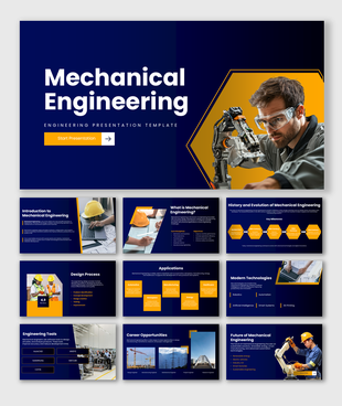 Mechanical Engineering presentation template covering design processes, automation, tools, applications, and career.