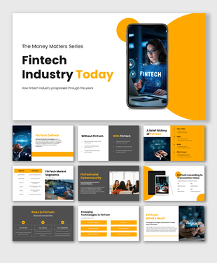 Fintech Industry presentation template covering digital payments, cybersecurity, emerging technologies, trends.