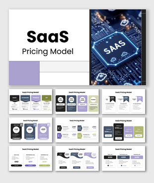SaaS Pricing Model presentation template showcasing subscription plans, pricing tiers, comparisons, and revenue strategies.