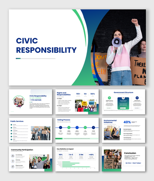 Civic Responsibility PowerPoint slides on voting, public services, rights, governance, and community action.
