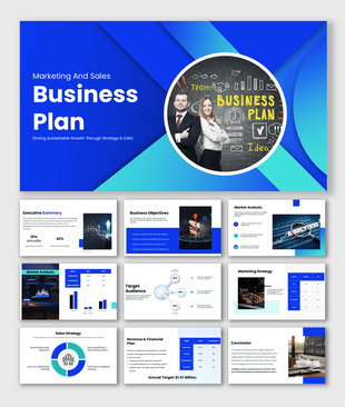 Marketing and sales business plan PPT with strategy, market analysis, growth insights, and revenue goals.