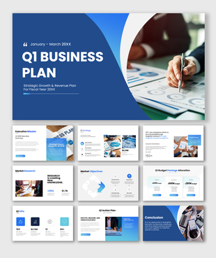 Q1 business plan PowerPoint template with quarterly goals, revenue strategy, KPIs, budget planning, and action plan slides.