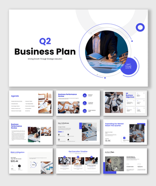 Q2 business plan PowerPoint template with quarterly goals, business strategy, KPIs, execution timeline, and action plans.