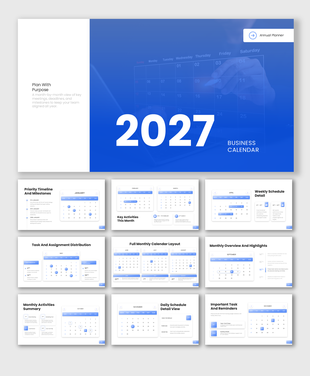 Business Calendar 2027 PowerPoint template featuring annual planning, monthly schedules, and task tracking.