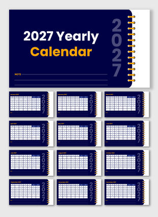 2027 Yearly Calendar PowerPoint template with monthly calendar layouts, planner pages, and note sections.