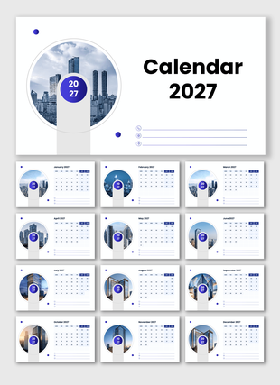 2027 calendar PowerPoint template featuring monthly layouts, modern planner design, and note sections.