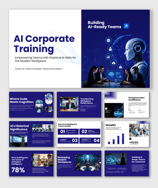 AI Corporate Training PowerPoint Template featuring AI workforce training, automation, digital skills, and team development.