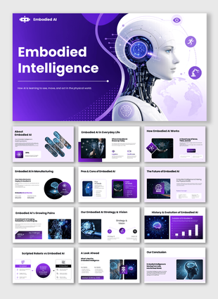 Embodied Intelligence PowerPoint template featuring AI robotics, automation, smart systems, and innovation.