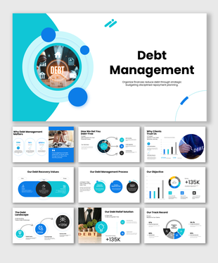 Debt Management PPT with repayment strategies, budgeting, financial recovery, and debt analysis slides.