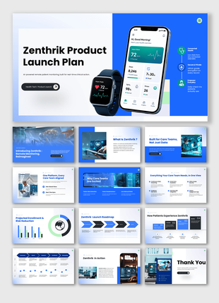 Health Tech Product Launch PowerPoint with healthcare app, wearable device, and launch strategy slides.