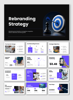 Rebranding Strategy PowerPoint Presentation with brand identity, positioning, rollout, and growth strategy slides.
