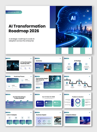 AI Transformation Roadmap 2026 PPT with AI strategy, enterprise adoption, and roadmap planning slides.
