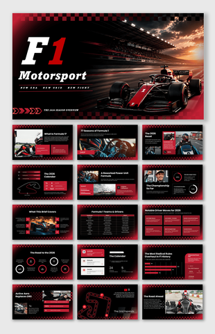 F1 Motorsport PowerPoint template with Formula 1 cars, race calendar, drivers, and strategy slides.