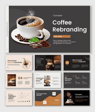 Coffee Rebranding Case Study PowerPoint template with branding strategy and growth analysis slides.