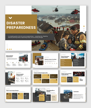Disaster Preparedness PowerPoint template with emergency planning, response, and recovery slides.